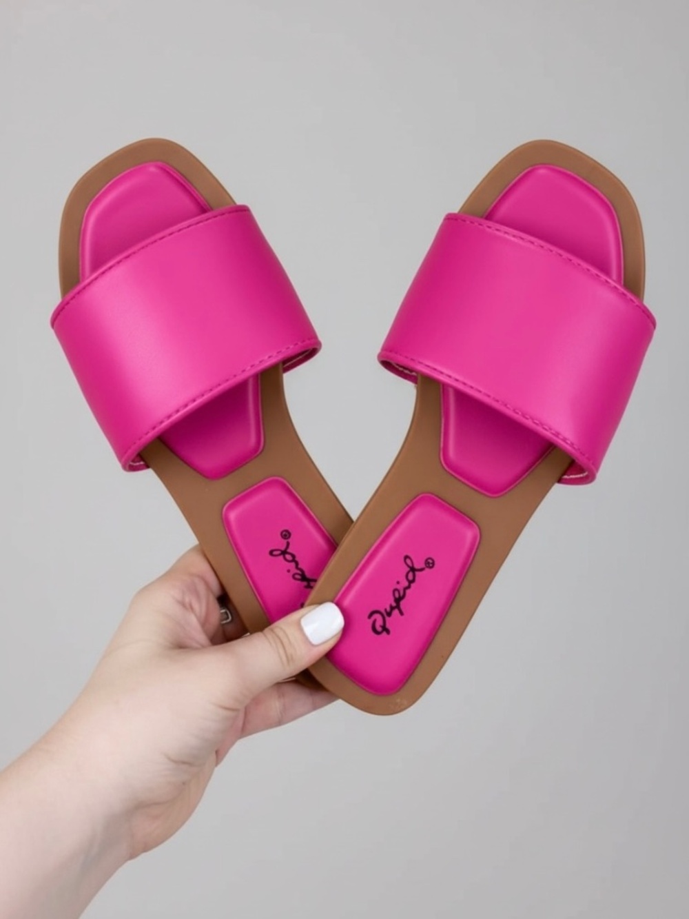 Qupid Hot Pink Wide Band Slide Sandals | Vegan Leather Open Toe Flats - Picture 3 of 4
